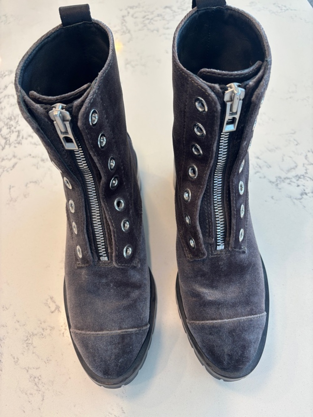 3.1 Phillip Lim Velvet Front-Zip Combat Boots in Gray 39/9